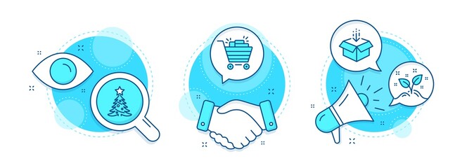 Christmas tree, Startup concept and Shopping cart line icons set. Handshake deal, research and promotion complex icons. Get box sign. Spruce, Launch project, Gifts. Send package. Business set. Vector