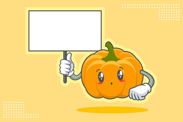 UH , OH, GASP Face Emotion. Holding Whiteboard Hand Gesture. Yellow, Orange Pumpkin Fruit Cartoon Drawing Mascot Illustration.