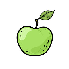 Vector illustration. Green apple with stem and leaf. Healthy vegetarian food. Cartoon comics style with contour. Decoration for greeting cards, posters, patches, prints for clothes, emblems