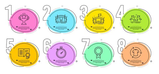 Diploma, Victory and Arena signs. Timeline steps infographic. Reward, Arena stadium and Timer line icons set. Ole chant, Change clothes symbols. Best medal, Sport complex. Sports set. Vector