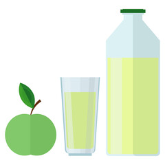 Apple juice in a bottle and glass. Vector illustration with apples and a drink on a white background.