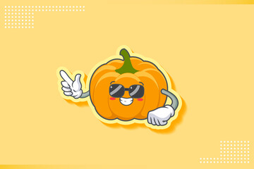 RELAXED, GLASSES, COOL Face Emotion. Finger Gun Hand Gesture. Yellow, Orange Pumpkin Fruit Cartoon Drawing Mascot Illustration.