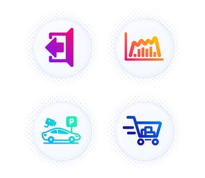 Infographic graph, Parking security and Sign out icons simple set. Button with halftone dots. Shopping cart sign. Line diagram, Video camera, Logout. Online buying. Business set. Vector