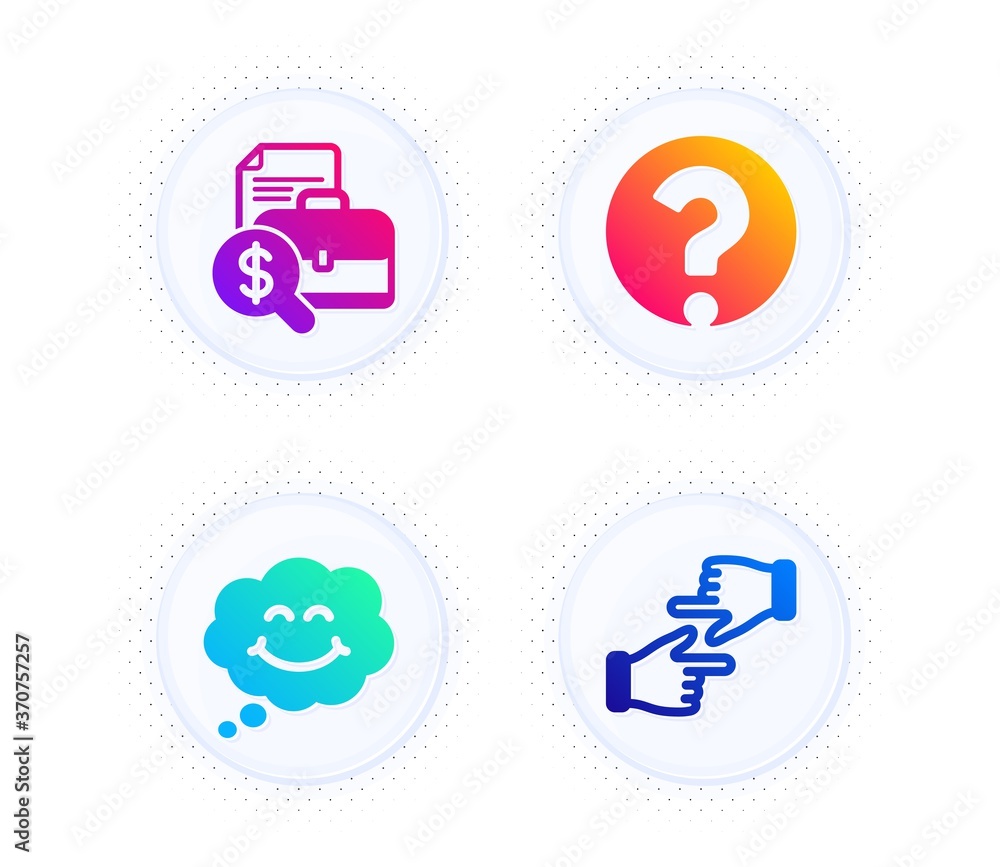 Poster question mark, smile and accounting report icons simple set. button with halftone dots. click hands 