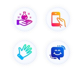 Hold smartphone, Hand and Chemistry lab icons simple set. Button with halftone dots. Smile chat sign. Phone call, Waving palm, Laboratory. Happy face. People set. Vector