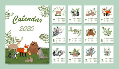 Forest calendar for 2020 year. Printable planner of 12 months with cute animals. Bear, fox, rabbit, wolf, deer, raccoo.  Cute forest animals.  Woodland characters.