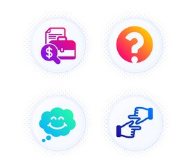 Question mark, Smile and Accounting report icons simple set. Button with halftone dots. Click hands sign. Ask support, Comic chat, Financial case. Direction. Business set. Vector