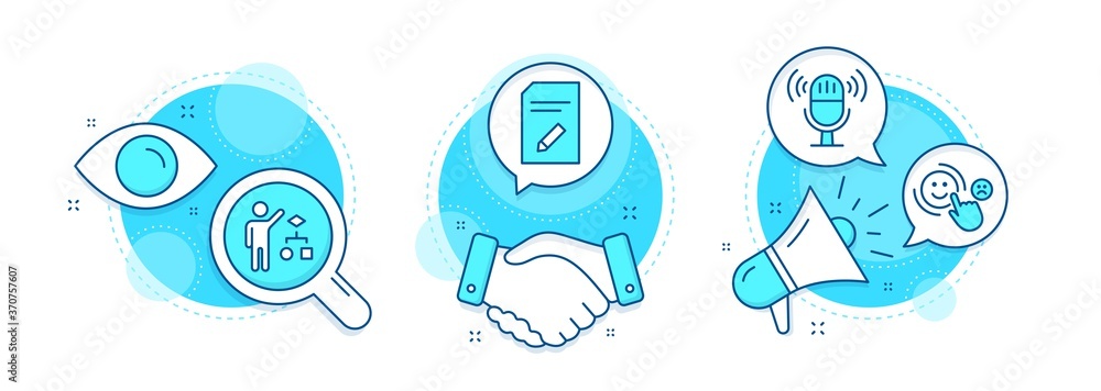 Poster algorithm, edit document and microphone line icons set. handshake deal, research and promotion compl