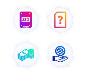 Ssd, Savings and Unknown file icons simple set. Button with halftone dots. Safe planet sign. Solid-state drive, Finance currency, Doc with question mark. Ecology. Business set. Vector