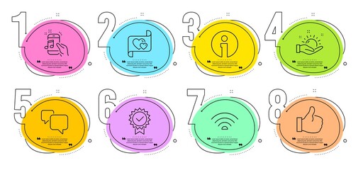 Speech bubble, Love letter and Wifi signs. Timeline steps infographic. Certificate, Sunny weather and Like line icons set. Music phone, Info symbols. Verified award, Hold sun. Business set. Vector