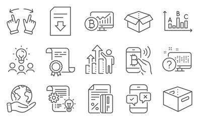Set of Technology icons, such as Phone survey, Credit card. Diploma, ideas, save planet. Cogwheel, Bitcoin pay, Survey results. Open box, Bitcoin chart, Move gesture. Vector