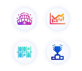 Parking place, Financial diagram and Arena stadium icons simple set. Button with halftone dots. Winner podium sign. Transport, Candlestick chart, Competition building. Competition results. Vector