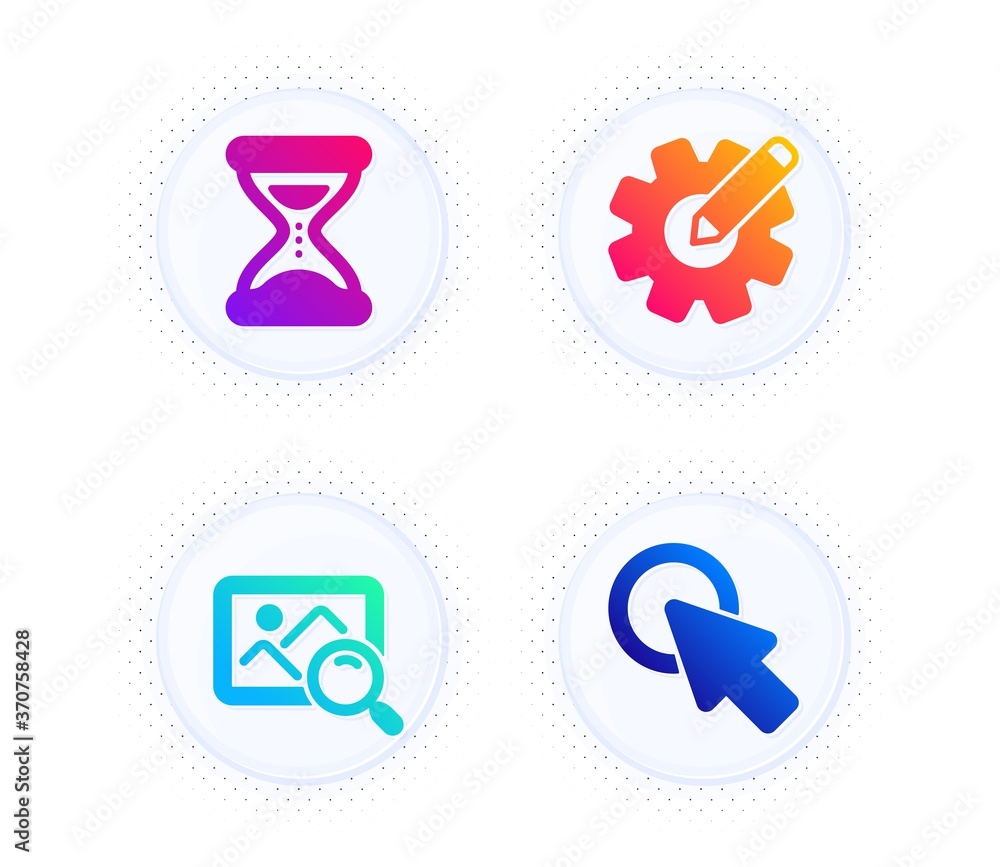 Poster cogwheel, search photo and time icons simple set. button with halftone dots. click here sign. edit s