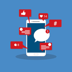 Viral content, social activity and smm - likes, shares and comments popping up on the mobile screen
