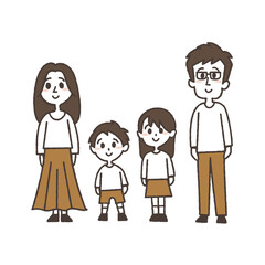 笑顔で立っている4人家族のイラスト
