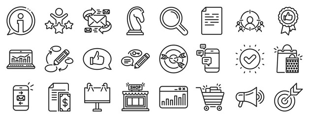 Set of Strategy target, Feedback, Advertisement campaign icons. Marketing, research line icons. Research marketing, Communication and Keywords. Chess Knight, Target, Mail. Business strategy. Vector