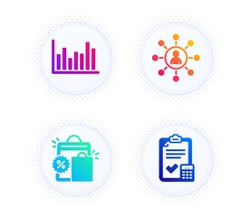 Networking, Shopping bags and Bar diagram icons simple set. Button with halftone dots. Accounting checklist sign. Business communication, Sale discount, Statistics infochart. Calculator. Vector