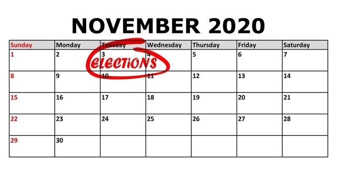 Calendar of November 2020 with November 3 highlighted as a date of American presidential elections