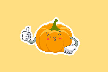 KISS, FLIRTY, SMILING EYE Face Emotion. Thumb Up Hand Gesture. Yellow, Orange Pumpkin Fruit Cartoon Drawing Mascot Illustration.