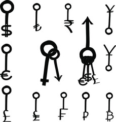 set of old keys with currencies symbols vector