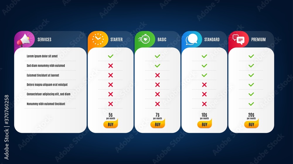 Poster timer, dots message and time icons simple set. price list, pricing table. chat message sign. deadlin