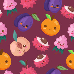 Kawaii vector tropical fruits cartoon characters. Summer illustration in cute cartoon style designed in seamless pattern on white background. Adorable menu design, fabric print. Peach, lychee, plum.