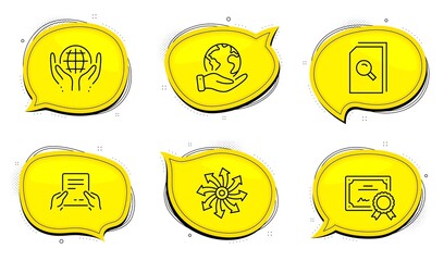 Organic tested sign. Diploma certificate, save planet chat bubbles. Search files, Receive file and Versatile line icons set. Magnifying glass, Hold document, Multifunction. Safe nature. Vector