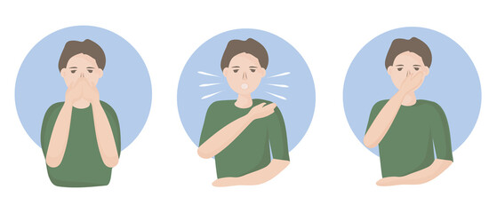 How to sneeze or cough properly, to prevent the spread of viruses. you have to close your mouth with hand. people with a cold and a disease sneeze. Preventive measures against coronavirus infection