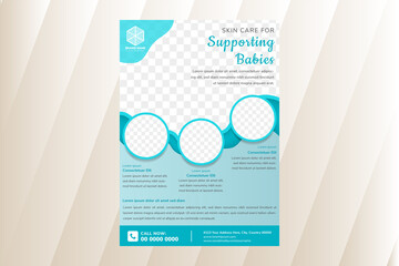 Skin care for Supporting babies flyer template design use vertical layout. wavy style use blue color. circle space for photo collage. 