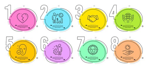 Employees wealth, Face detect and Employee signs. Timeline steps infographic. Organic tested, Sun protection and Broken heart line icons set. Handshake, Health skin symbols. Vector
