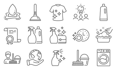 Set of Cleaning icons, such as Washing machine, Shampoo. Diploma, ideas, save planet. Dishwasher timer, Washing cleanser, Cleanser spray. Plunger, Bucket with mop, Water splash. Vector