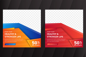 Start your healthy and stronger life campaign of square banner template design. the element colors are blue, orange and red gradient. transparency dot pattern. Space for photo collage on top