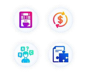 Coffee maker, Dollar exchange and Quiz test icons simple set. Button with halftone dots. Strategy sign. Tea machine, Banking rates, Interview. Puzzle. Business set. Vector