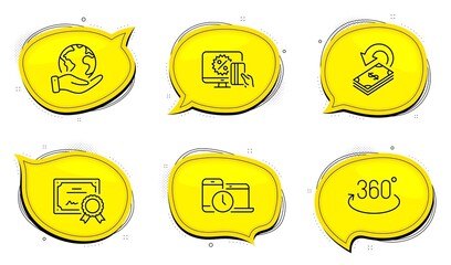 Online shopping sign. Diploma certificate, save planet chat bubbles. Cashback, Time management and Full rotation line icons set. Financial transfer, Laptop device, 360 degree. Black friday. Vector