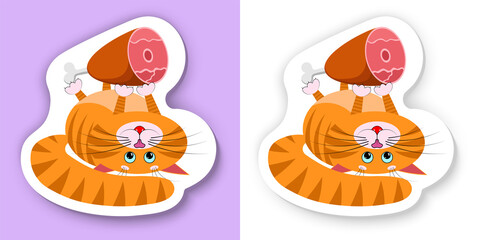 A cute cartoon red fat cat, kitty lies on its back and holds in its paws big ham. With white outline and drop shadow