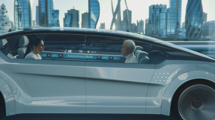 Beautiful Female and Senior Man are Having a Conversation in a Driverless Autonomous Vehicle. Futuristic Self-Driving Van is Moving on a Public Highway in a Modern City with Glass Skyscrapers.
