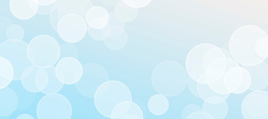 White lights bokeh, bubbles, defocus glitter blur on soft blue wide background. illustration.