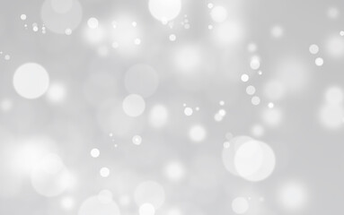 White lights bokeh,  snow fall, defocus glitter blur on gray background. copy space. illustration.