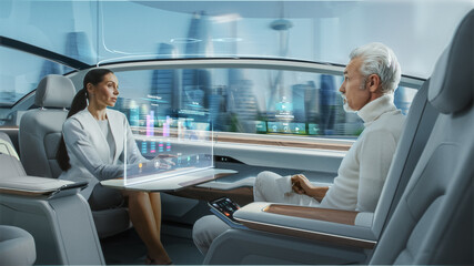 Casual Business Meeting Between Senior Male and Female inside a Futuristic Driverless Autonomous Car with Augmented Reality Presentation Interface. Self-Driving Van Driving on Downtown City Streets. 