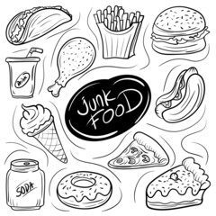 Junk Food sketching doodle icons set, Trendy and lovely hand drawn style
