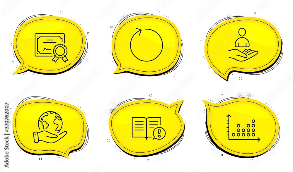 Poster facts sign. diploma certificate, save planet chat bubbles. recruitment, loop and dot plot line icons