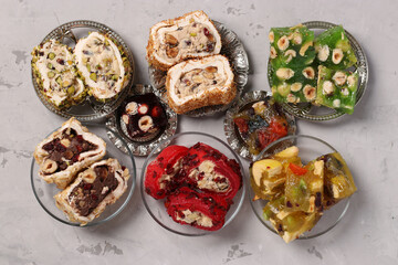 Turkish delight collection on gray background, Flat lay, Horizontal format, Closeup