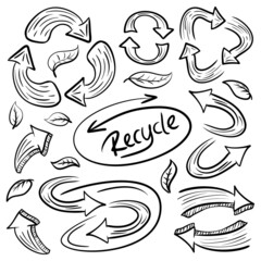 Doodle recycle and reuse vector icon set, Trendy sketching - hand drawn doodle style
