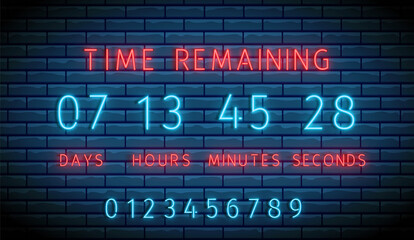 Neon clock counter. Countdown timer. Vector. Time remaining board. Illuminated digital count down. Shiny days, hours, minutes and seconds on display. Glowing scoreboard on brick wall. Led illustration