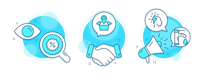 Brainstorming, Discount and Package location line icons set. Handshake deal, research and promotion complex icons. Tap water sign. Lightning bolt, Special offer, Delivery tracking. Faucet. Vector
