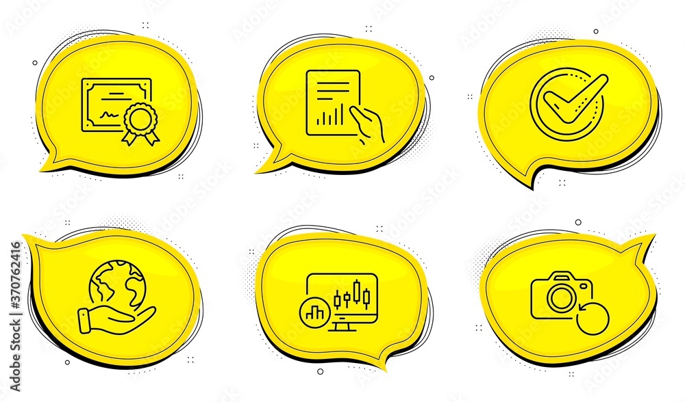 Poster confirmed sign. diploma certificate, save planet chat bubbles. candlestick chart, document and recov