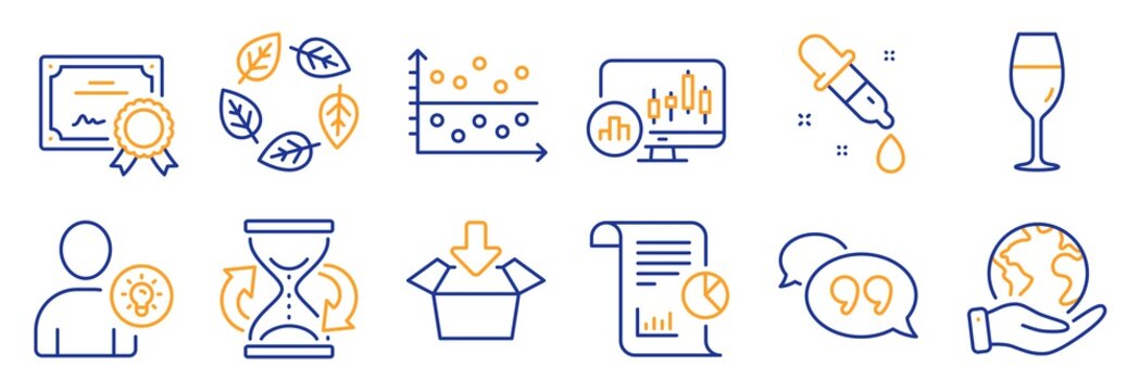 Set of Business icons, such as Quote bubble, Dot plot. Certificate, save planet. User idea, Candlestick chart, Chemistry pipette. Get box, Organic tested, Report. Vector