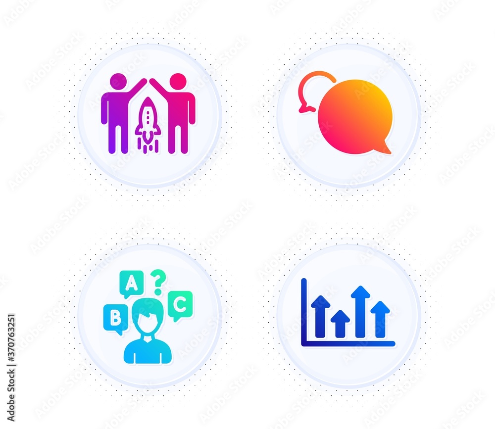 Poster quiz test, messenger and partnership icons simple set. button with halftone dots. upper arrows sign.