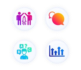 Quiz test, Messenger and Partnership icons simple set. Button with halftone dots. Upper arrows sign. Interview, Speech bubble, Business startup. Growth infochart. Education set. Vector