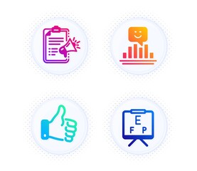 Like hand, Smile and Megaphone checklist icons simple set. Button with halftone dots. Vision board sign. Thumbs up, Positive feedback, Brand check. Eye check. Business set. Vector